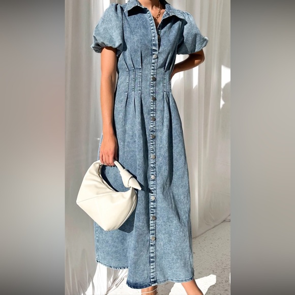 Denim Button-Down Dress with White Bag - Picture 1 of 5